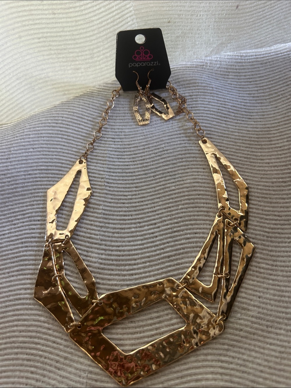 paparazzi Gold Hammered Geometric Statement Necklace with Matching Earrings